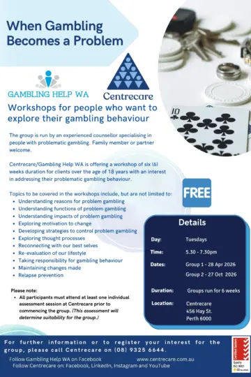 Centrecare Gambling Help Group flyer Apr Oct 2026