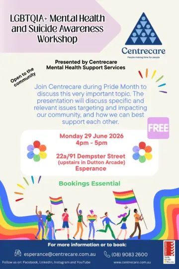 Centrecare Esperance LGBTQIA Suicide Awareness Workshop Jun 26