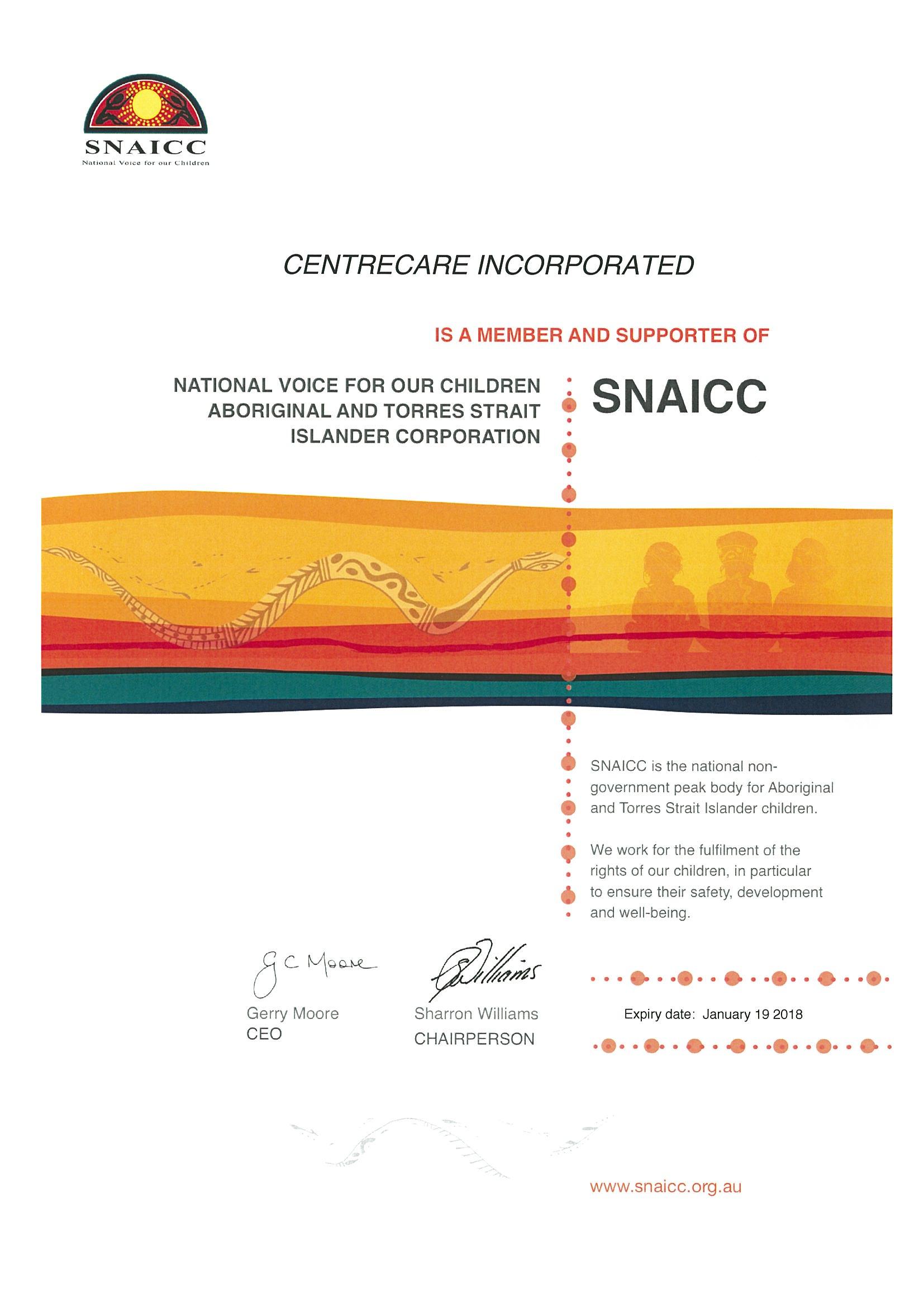 Centrecare SNAICC certificate